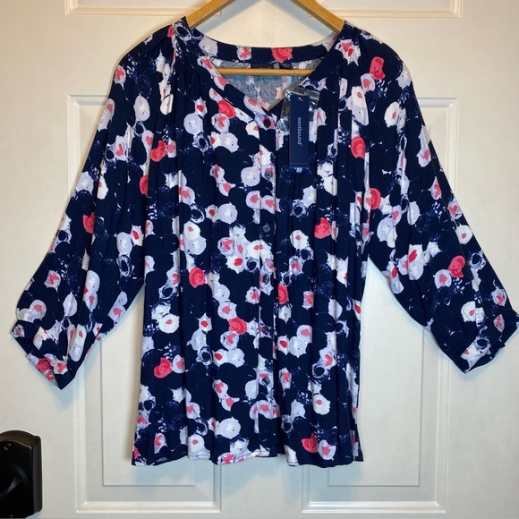 Westbound Abstract Floral Navy/Pink/White Blouse Sz S Button 3/4 Sleeves NWT - Picture 1 of 11